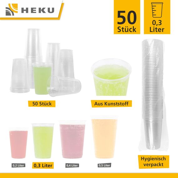 Heku 50 transparente Einweg-Trinkbecher 0,3l | Aus Polypropylen | Ideal für Partys und Veranstaltungen (Packung mit 4)