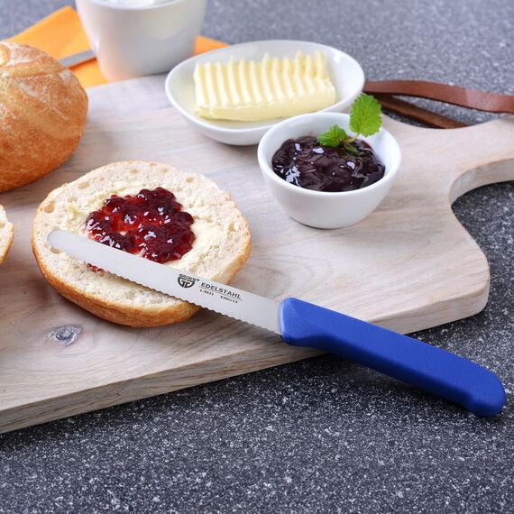 GRÄWE Tafelmesser 6 Stück, Messerset zum Schneiden, 6er Pack Brötchenmesser, Frühstücksmesser mit einseitigem Wellenschliff, Brotmesser, scharfe Messer für Brotzeit, 21 cm - Blau
