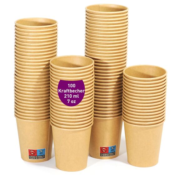 100 Einweg-Kraftpapierbecher 210 ml / 7 oz. Robust, auslaufsicher. Ideal für Kaffee, Tee und Erfrischungsgetränke. Geruchsfrei. Kraftbecher