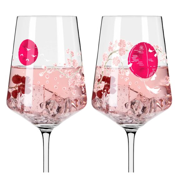 RITZENHOFF 3461007 Aperitif-Glas Sprizz 2er-Set 500 ml - Serie Sommersonett Nr. 13 + 14 mit Asia-Motiv Pink - Made in Germany