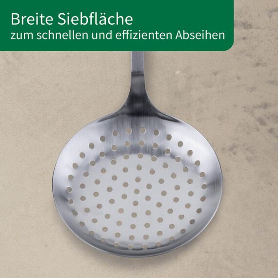 Chefkoch trifft Fackelmann Abseihlöffel - Ideal zum Abseihen von Knödeln, Maultaschen & Co., hochwertiger Edelstahl im matten Look – Kochlöffel spülmaschinengeeignet