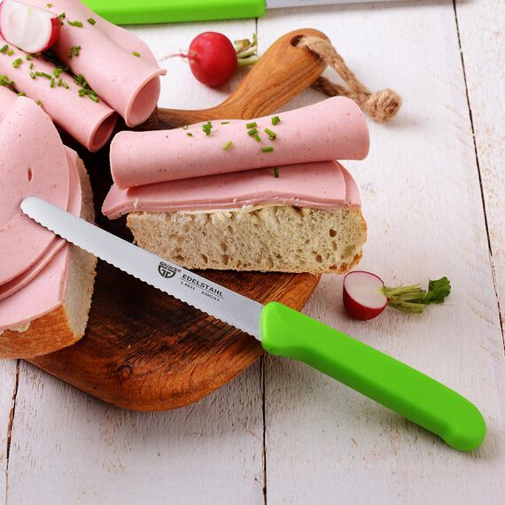 GRÄWE Tafelmesser 12 Stück, Messerset zum Schneiden, 12er Pack Brötchenmesser, Frühstücksmesser mit einseitigem Wellenschliff, Brotmesser, scharfe Messer für Brotzeit, 21 cm - Grün