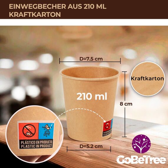 200 Einweg-Kraftpapierbecher 210 ml / 7 oz. Robust, auslaufsicher. Ideal für Kaffee, Tee und Erfrischungsgetränke. Geruchsfrei. Kraftbecher