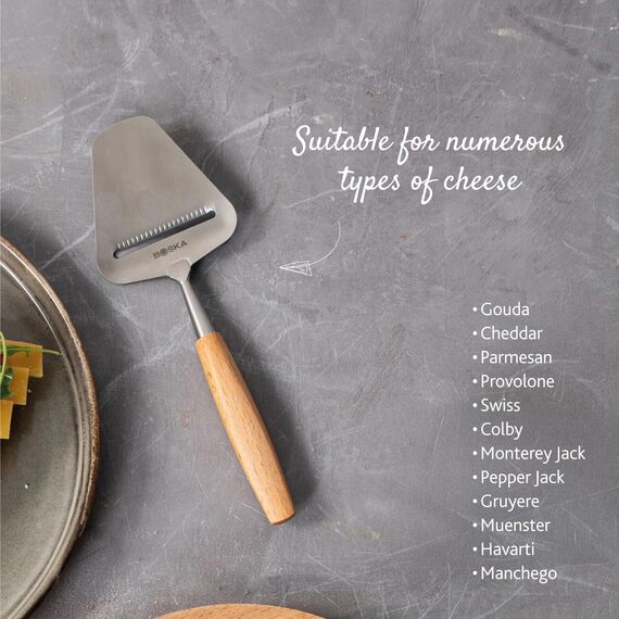BOSKA Käsehobel Amigo - käseschneider für alle Käsesorten - Spülmaschinenfest - Multifunktional - Edelstahl und Buchenholz - Silber