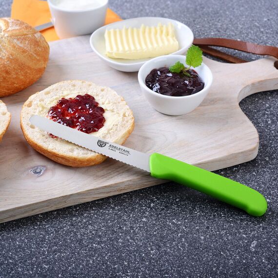 GRÄWE Tafelmesser 12 Stück, Messerset zum Schneiden, 12er Pack Brötchenmesser, Frühstücksmesser mit einseitigem Wellenschliff, Brotmesser, scharfe Messer für Brotzeit, 21 cm - Grün
