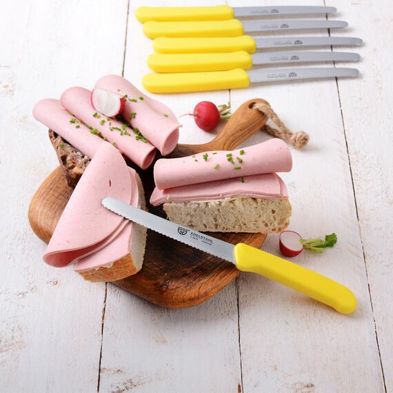 GRÄWE Tafelmesser 6 Stück, Messerset zum Schneiden, 6er Pack Brötchenmesser, Frühstücksmesser mit einseitigem Wellenschliff, Brotmesser, scharfe Messer für Brotzeit, 21 cm - Gelb