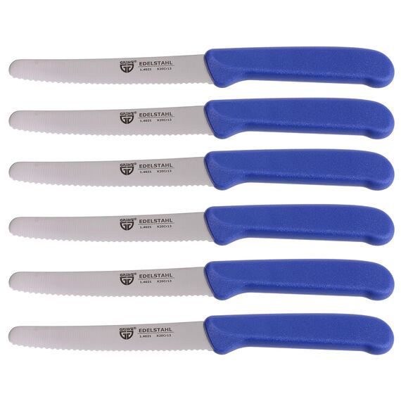 GRÄWE Tafelmesser 6 Stück, Messerset zum Schneiden, 6er Pack Brötchenmesser, Frühstücksmesser mit einseitigem Wellenschliff, Brotmesser, scharfe Messer für Brotzeit, 21 cm - Blau