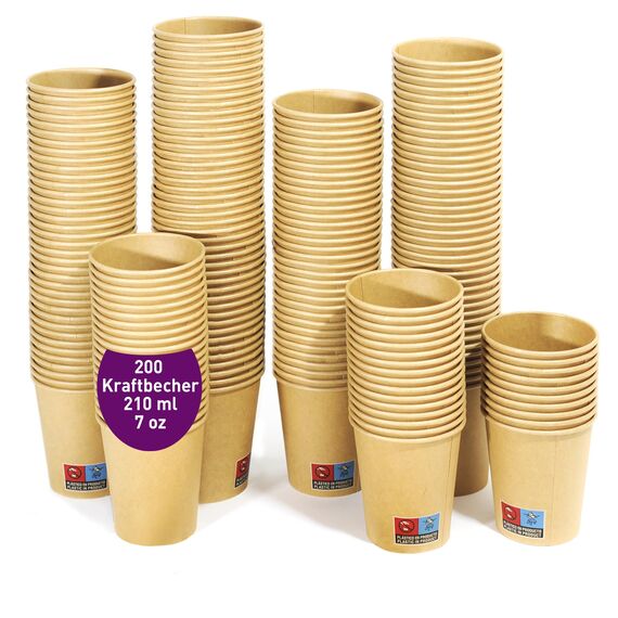 200 Einweg-Kraftpapierbecher 210 ml / 7 oz. Robust, auslaufsicher. Ideal für Kaffee, Tee und Erfrischungsgetränke. Geruchsfrei. Kraftbecher