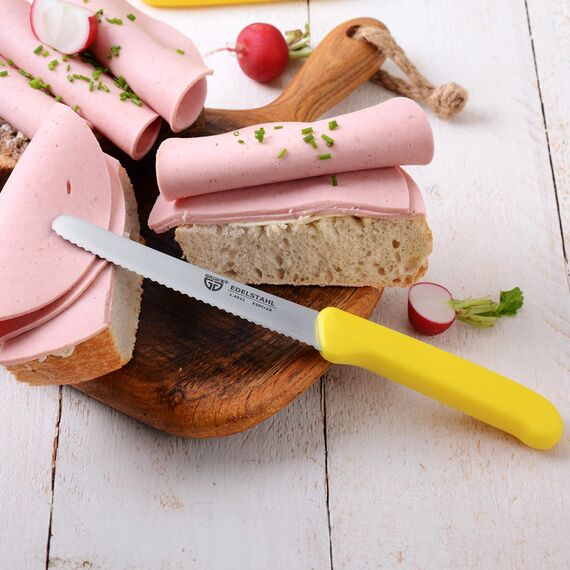 GRÄWE Tafelmesser 12 Stück, Messerset zum Schneiden, 12er Pack Brötchenmesser, Frühstücksmesser mit einseitigem Wellenschliff, Brotmesser, scharfe Messer für Brotzeit, 21 cm - Gelb