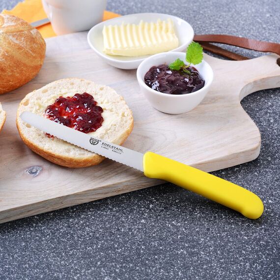GRÄWE Tafelmesser 12 Stück, Messerset zum Schneiden, 12er Pack Brötchenmesser, Frühstücksmesser mit einseitigem Wellenschliff, Brotmesser, scharfe Messer für Brotzeit, 21 cm - Gelb