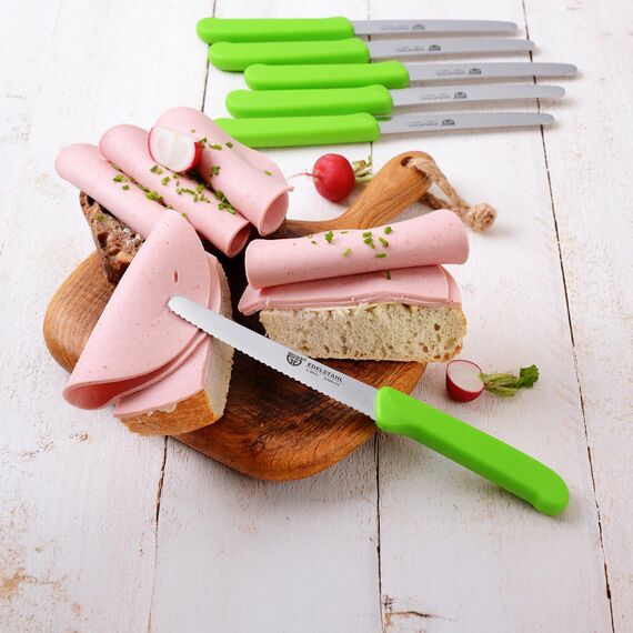 GRÄWE Tafelmesser 6 Stück, Messerset zum Schneiden, 6er Pack Brötchenmesser, Frühstücksmesser mit einseitigem Wellenschliff, Brotmesser, scharfe Messer für Brotzeit, 21 cm - Grün