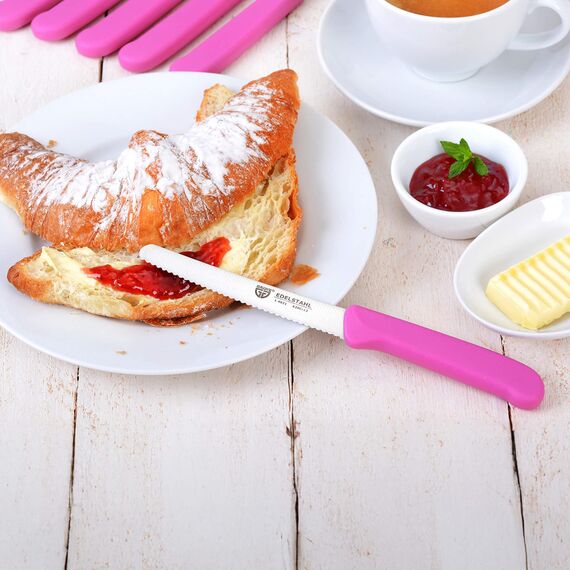 GRÄWE Tafelmesser 12 Stück, Messerset zum Schneiden, 12er Pack Brötchenmesser, Frühstücksmesser mit einseitigem Wellenschliff, Brotmesser, scharfe Messer für Brotzeit, 21 cm - Pink
