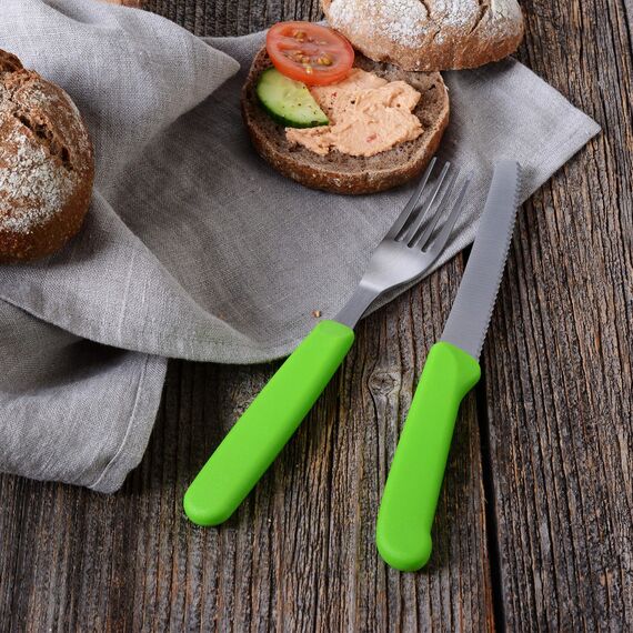 GRÄWE Tafelmesser 12 Stück, Messerset zum Schneiden, 12er Pack Brötchenmesser, Frühstücksmesser mit einseitigem Wellenschliff, Brotmesser, scharfe Messer für Brotzeit, 21 cm - Grün