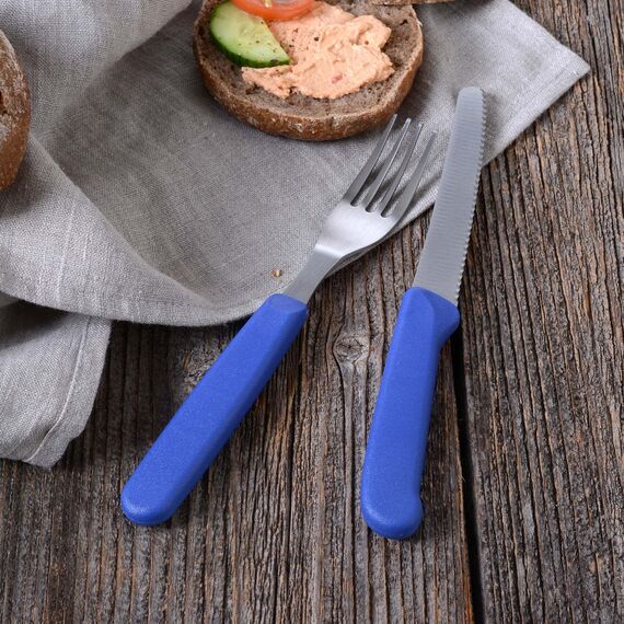 GRÄWE Tafelmesser 2 Stück, Messerset zum Schneiden, 2er Pack Brötchenmesser, Frühstücksmesser mit einseitigem Wellenschliff, Brotzeitmesser, scharfe Messer für Brotzeit, 21 cm - Blau