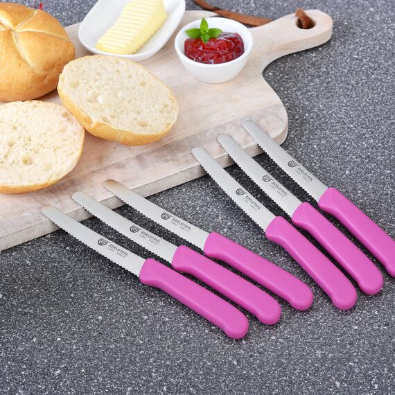 GRÄWE Tafelmesser 6 Stück, Messerset zum Schneiden, 6er Pack Brötchenmesser, Frühstücksmesser mit einseitigem Wellenschliff, Brotmesser, scharfe Messer für Brotzeit, 21 cm - Pink