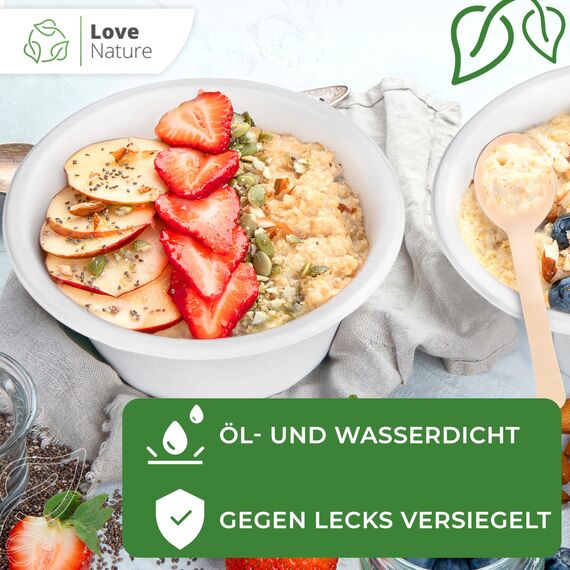 Love Nature Ökologische Einweg Suppenschalen aus Zuckerrohr Schnitzel - (350ml - 25 Stück) Suppenschüssel mit langanhaltender Wärmespeicherung - Langlebige Suppenteller Einweg - Einwegschalen