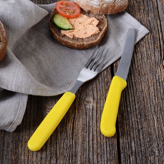 GRÄWE Tafelmesser 12 Stück, Messerset zum Schneiden, 12er Pack Brötchenmesser, Frühstücksmesser mit einseitigem Wellenschliff, Brotmesser, scharfe Messer für Brotzeit, 21 cm - Gelb