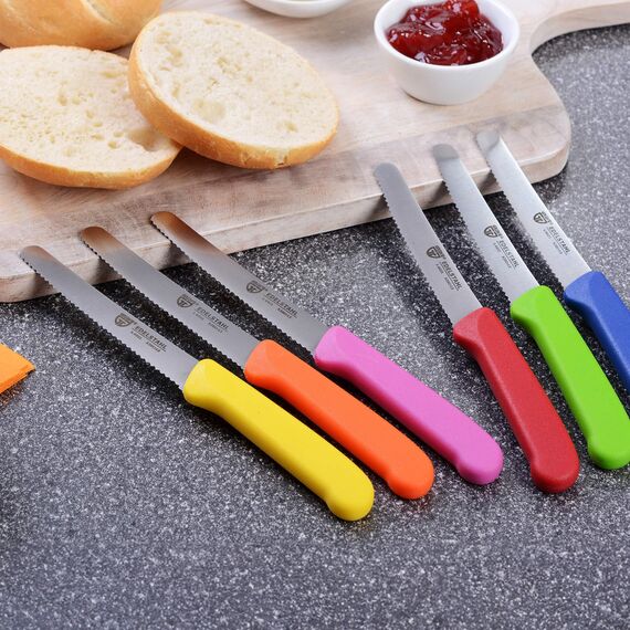 GRÄWE Tafelmesser 36 Stück, Messerset zum Schneiden, 36er Pack Brötchenmesser, Frühstücksmesser mit einseitigem Wellenschliff, Brotmesser, scharfe Messer für Brotzeit, 21 cm - Bunt