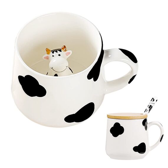 BigNoseDeer Süße Sachen Keramik Kuh Kaffeetasse Teetasse Deckel Löffel Lustige Tassen Geschenke für Frauen Kaffeebecher Personalisiert Cappuccino 3D Tasse Beste Freundin Geburtstag Weihnachtsgeschenke