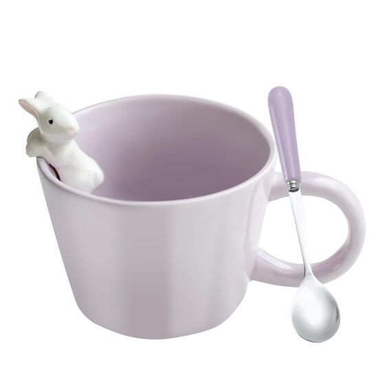 BigNoseDeer Tassen mit 3D-Kaninchen im Inneren, Keramik-Hasen-Kaffeetasse mit Löffel, niedliche Geschenke, Ostergeschenke, 350 ml, Violett