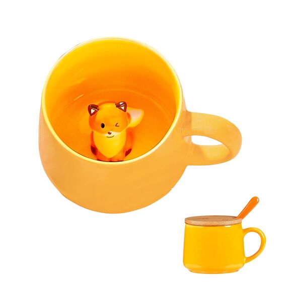 BigNoseDeer Süße Sachen Keramik Füchse Kaffeetasse Teetasse Deckel Löffel Lustige Tassen Geschenke für Frauen Kaffeebecher 3D Tasse Personalisiert Cappuccino Tassen Beste Freundin Jahrestag Geschenk