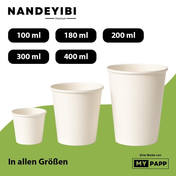 NANDEYIBI 200 Stk. Pappbecher weiß 200 ml - 8oz - Coffee to go | Einweg Kaffeebecher & Papierbecher, Partybecher, Bastelbecher | Trinkbecher für Heiß- & Kaltgetränke | Teebecher – Made in Germany
