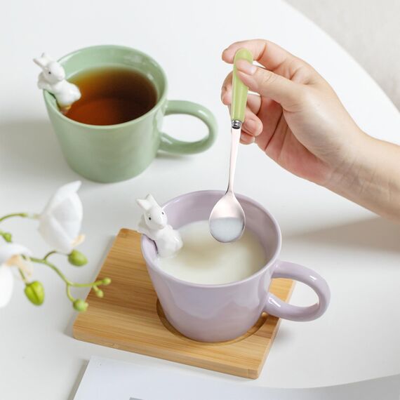 BigNoseDeer Tassen mit 3D-Kaninchen im Inneren, Keramik-Hasen-Kaffeetasse mit Löffel, niedliche Geschenke, Ostergeschenke, 350 ml, Violett