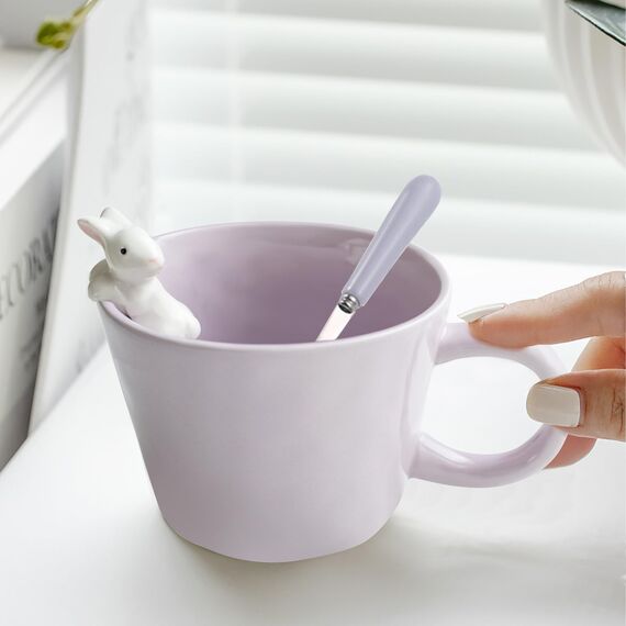 BigNoseDeer Tassen mit 3D-Kaninchen im Inneren, Keramik-Hasen-Kaffeetasse mit Löffel, niedliche Geschenke, Ostergeschenke, 350 ml, Violett