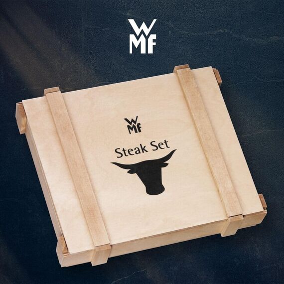 WMF Steakbesteck 12-teilig, Steakbesteck Set für 6 Personen, Steakmesser Set, Steakgabel, Cromargan Edelstahl poliert, Grillbesteck in Holzkiste