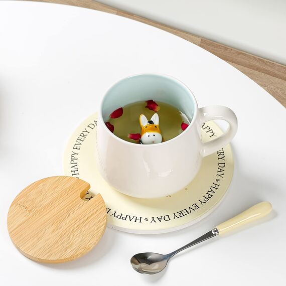 BigNoseDeer Süße Sachen Keramik Esel Kaffeetasse Teetasse Deckel Löffel Lustige Tassen Geschenke für Frauen Kaffeebecher 3D Tasse Personalisiert Cappuccino Tassen Beste Freundin Weihnachten Geschenk