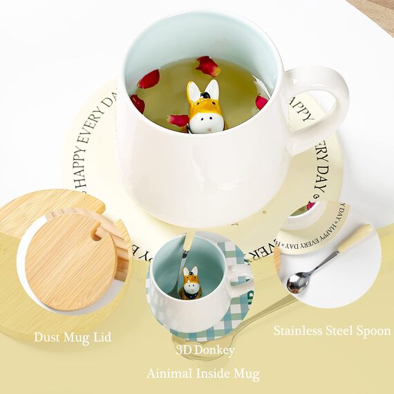 BigNoseDeer Süße Sachen Keramik Esel Kaffeetasse Teetasse Deckel Löffel Lustige Tassen Geschenke für Frauen Kaffeebecher 3D Tasse Personalisiert Cappuccino Tassen Beste Freundin Weihnachten Geschenk