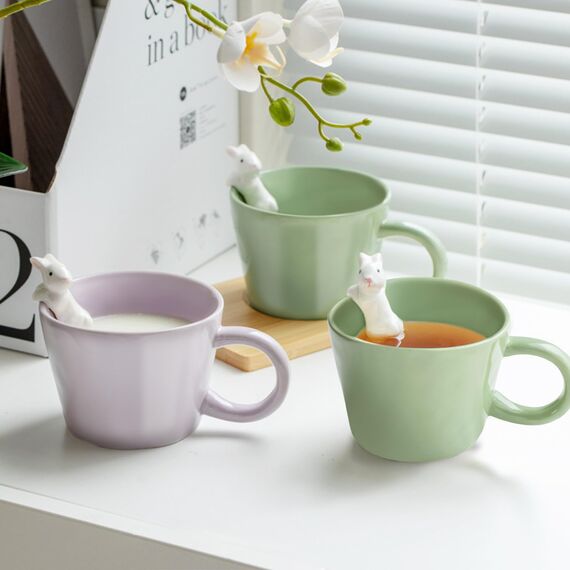 BigNoseDeer Tasse mit 3D-Hasen im Inneren, Kawaii-Kaffeetasse mit Löffel, niedliche Geschenke, 350 ml, Grün