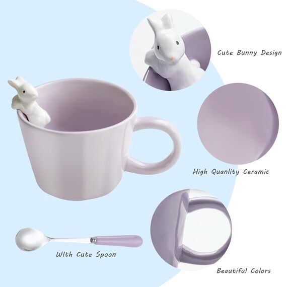 BigNoseDeer Tassen mit 3D-Kaninchen im Inneren, Keramik-Hasen-Kaffeetasse mit Löffel, niedliche Geschenke, Ostergeschenke, 350 ml, Violett