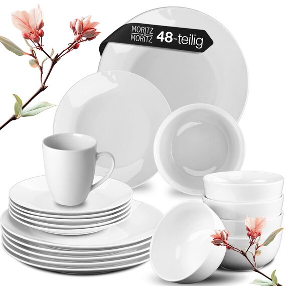 Moritz & Moritz BASIC 48-tlg. Geschirrset 12 Personen modern - aus hochwertigem Porzellan in klassischem Weiß - bestehend aus 12x Dinnerteller, 12x Dessertteller, 12x Schalen & 12x Tassen
