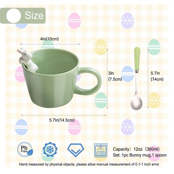 BigNoseDeer Tasse mit 3D-Hasen im Inneren, Kawaii-Kaffeetasse mit Löffel, niedliche Geschenke, 350 ml, Grün