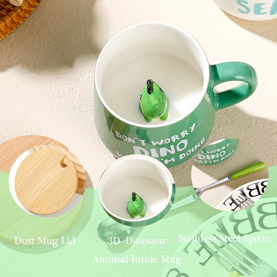 BigNoseDeer Dinosaurier Keramik Tasse Lustig Personalisiert Tassen mit Spruch Kawaii Süße Sachen Kaffeebecher Cappuccino Lustige Teetasse Mit Deckel Personalisierte Geschenke für Frauen Männer Mädchen