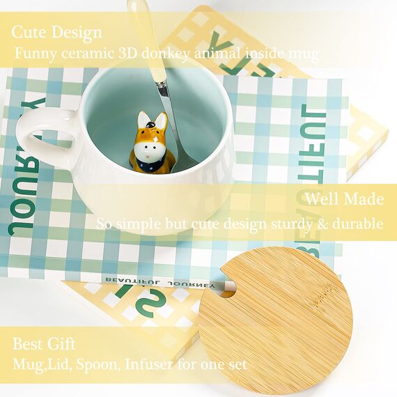 BigNoseDeer Süße Sachen Keramik Esel Kaffeetasse Teetasse Deckel Löffel Lustige Tassen Geschenke für Frauen Kaffeebecher 3D Tasse Personalisiert Cappuccino Tassen Beste Freundin Weihnachten Geschenk