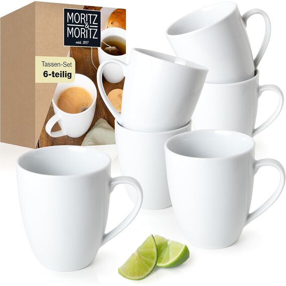 Moritz & Moritz BASIC Kaffeetassen Set 6-teilig - ca. 300ml aus hochwertigem Porzellan in klassischem Weiß - Perfekt für Kaffee, Tee, heiße Schokolade, Cappuccino