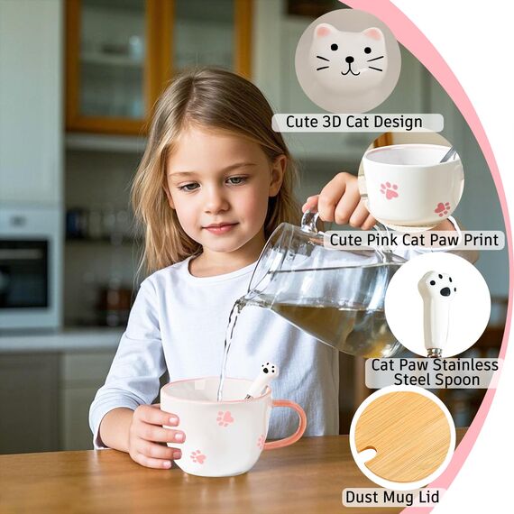 BigNoseDeer Süße Sachen Keramik Katze Kaffeetasse Teetasse Deckel Löffel Lustige Tassen Geschenke für Frauen Kaffeebecher 3D Tasse Personalisiert Cappuccino Tasse Beste Freundin Weihnachten Geschenk