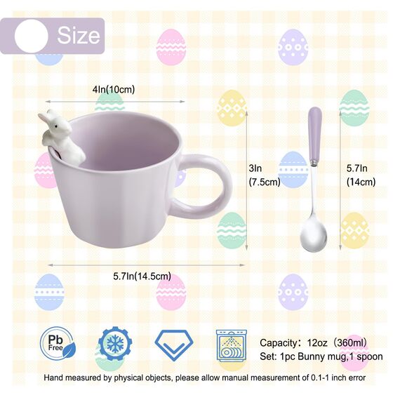 BigNoseDeer Tassen mit 3D-Kaninchen im Inneren, Keramik-Hasen-Kaffeetasse mit Löffel, niedliche Geschenke, Ostergeschenke, 350 ml, Violett