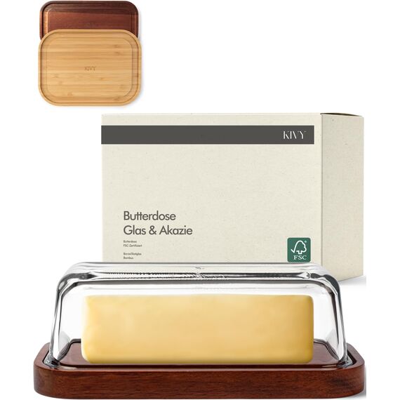 KIVY Butterdose Glas mit luftdichtem Deckel für streichzarte Butter - BPA Frei - Butterdosen - Butter dish - Butterschale mit Deckel - Butterdose mit Deckel - Butter Box Dose - Butterbox Akazie Holz