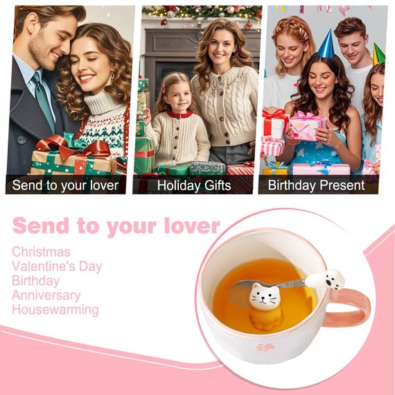 BigNoseDeer Süße Sachen Keramik Katze Kaffeetasse Teetasse Deckel Löffel Lustige Tassen Geschenke für Frauen Kaffeebecher 3D Tasse Personalisiert Cappuccino Tasse Beste Freundin Weihnachten Geschenk