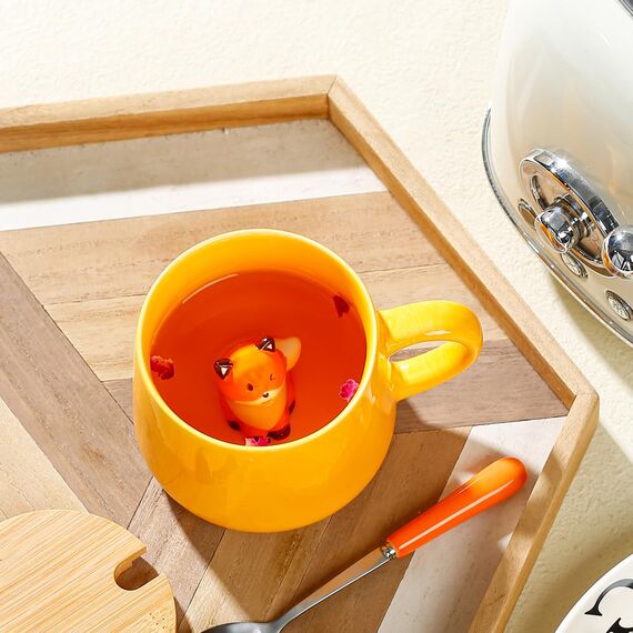 BigNoseDeer Süße Sachen Keramik Füchse Kaffeetasse Teetasse Deckel Löffel Lustige Tassen Geschenke für Frauen Kaffeebecher 3D Tasse Personalisiert Cappuccino Tassen Beste Freundin Jahrestag Geschenk