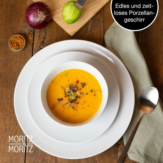 Moritz & Moritz BASIC 18-tlg. Geschirrset 6 Personen modern - aus hochwertigem Porzellan in klassischem Weiß - bestehend aus 6x Dinnerteller, 6x Dessertteller & 6x Schalen