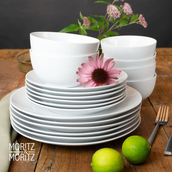 Moritz & Moritz BASIC 18-tlg. Geschirrset 6 Personen modern - aus hochwertigem Porzellan in klassischem Weiß - bestehend aus 6x Dinnerteller, 6x Dessertteller & 6x Schalen