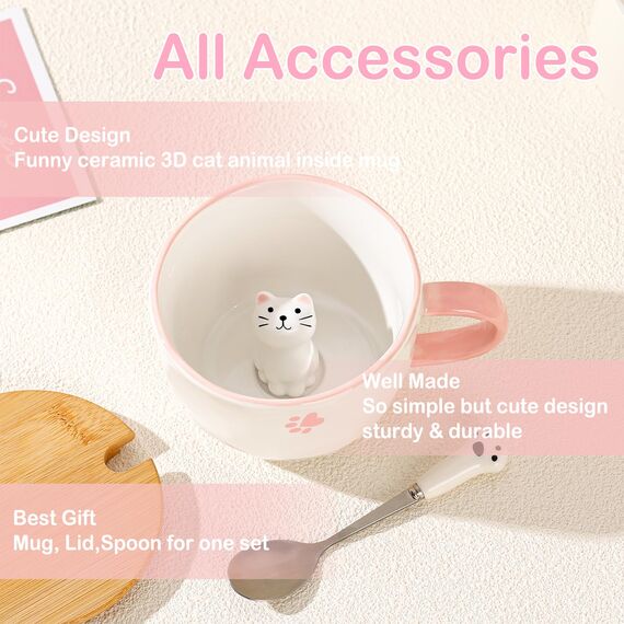 BigNoseDeer Süße Sachen Keramik Katze Kaffeetasse Teetasse Deckel Löffel Lustige Tassen Geschenke für Frauen Kaffeebecher 3D Tasse Personalisiert Cappuccino Tasse Beste Freundin Weihnachten Geschenk
