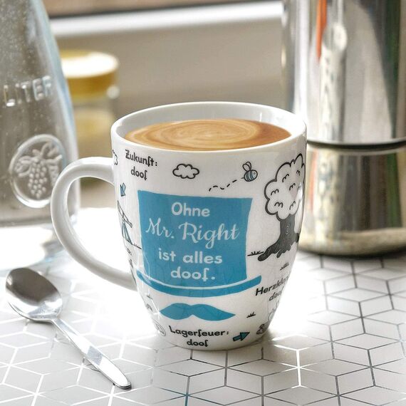 Sheepworld Tasse "Ohne Mr Right ist alles doof" | Porzellan, 45 cl | Becher für Kaffee und Tee, mit Spruch, Geschenk zur Hochzeit | 46511