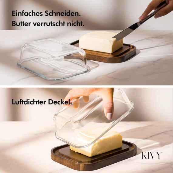 KIVY Butterdose Glas mit luftdichtem Deckel für streichzarte Butter - BPA Frei - Butterdosen - Butter dish - Butterschale mit Deckel - Butterdose mit Deckel - Butter Box Dose - Butterbox Akazie Holz