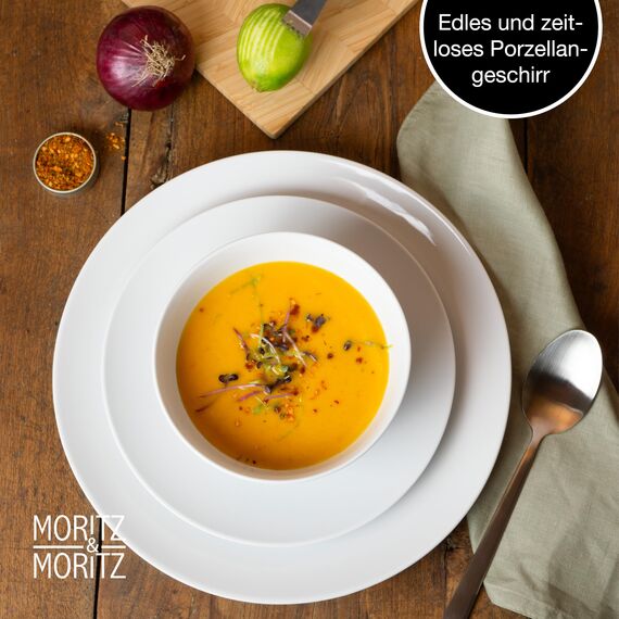 Moritz & Moritz BASIC 36-tlg. Geschirrset 12 Personen modern - aus hochwertigem Porzellan in klassischem Weiß - bestehend aus 12x Dinnerteller, 12x Dessertteller & 12x Schalen