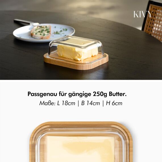 KIVY Butterdose Glas mit luftdichtem Deckel für streichzarte Butter - BPA Frei - Butterdosen - Butter dish - Butterschale mit Deckel - Butterdose mit Deckel - Butter Box Dose - Butterbox Akazie Holz
